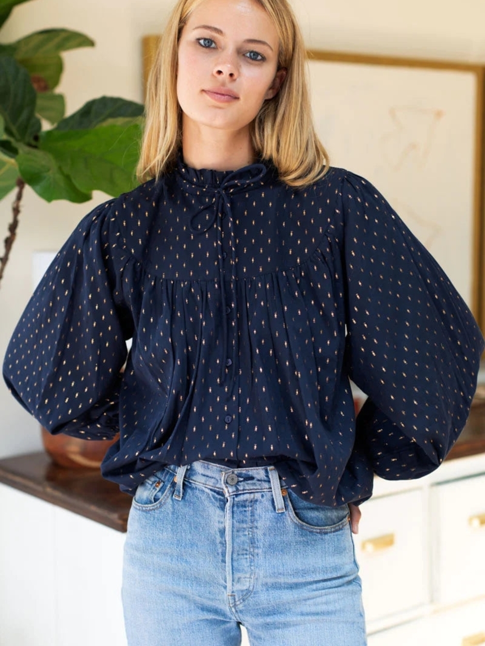 Emerson Fry Emmaline Blouse Maritime Gold Dot Lurex Cotton Tie Neck Top Boho XS - Picture 2 of 16